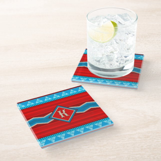 Dessous-de-verre En Verre Southwest River Canyon Red Turquoise Monogram (Incliné)
