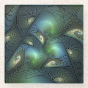 Dessous-de-verre En Verre Spirales Turquoise Beige Vert Abstrait Fractal Art