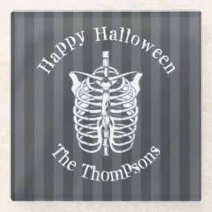 Dessous-de-verre En Verre Squelette effrayant noir et blanc Halloween