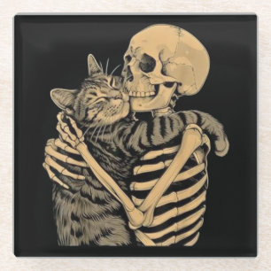 Dessous-de-verre En Verre Squelette qui étreint un chat – Cadeau mignon pour