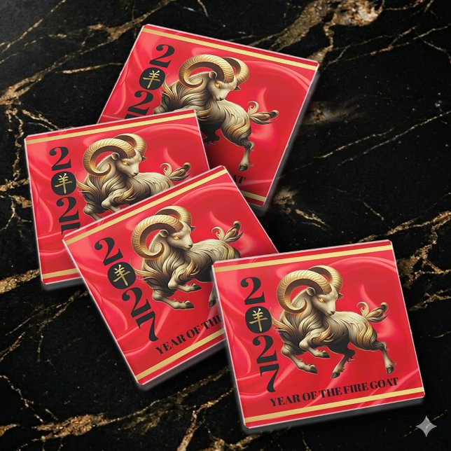 Dessous-de-verre En Verre Stunning Red Gold Chinese Year of Fire Goat 2027 (Stunning Red & Gold Year of the Fire Goat 2027 Glass Coasters Cover Photo)