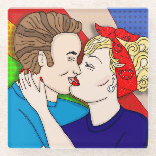Dessous-de-verre En Verre Style Pop Art Couple Kissing 1950