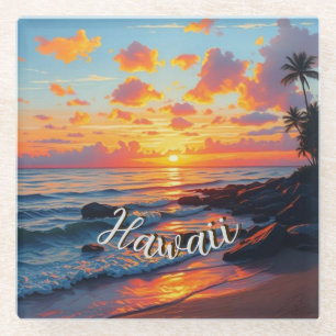 Dessous-de-verre En Verre Style Vintage Hawaïen Voyage Côte Mer Coucher de s