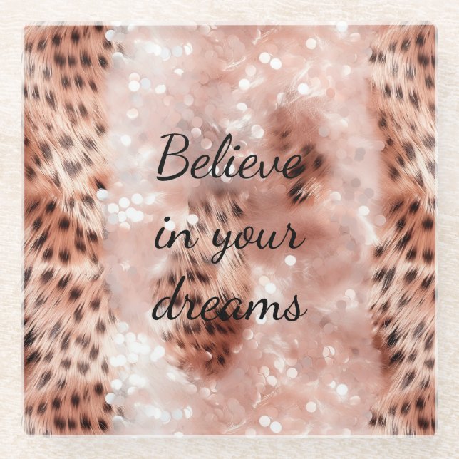 Dessous-de-verre En Verre Stylish Rose rose rose or Leopard Glitz (Devant)