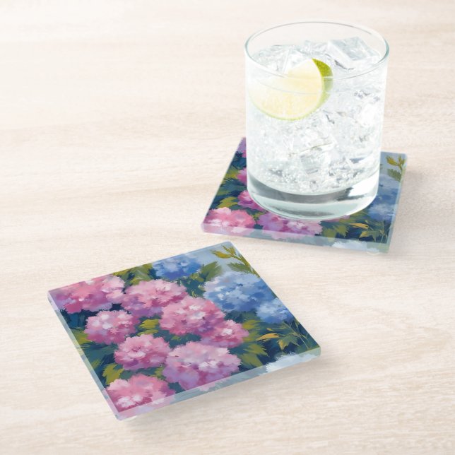 Dessous-de-verre En Verre Summer Hydrangeas | Pink & Blue Coastal Flowers (Incliné)