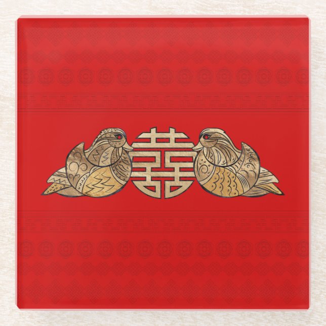Dessous-de-verre En Verre Symbole Gold Double Happiness avec Canards mandari (Devant)