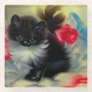 Dessous-de-verre En Verre Tableau vintage de chaton noir et blanc