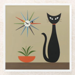 Dessous-de-verre En Verre Tablette du milieu du siècle Chat avec horloge Sta