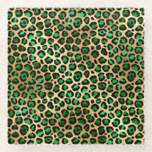 Dessous-de-verre En Verre Taches de léopard élégantes vert foncé et or feuil