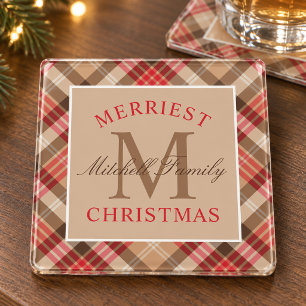 Dessous-de-verre En Verre Tartan à carreaux rouge et beige rustique Monogram