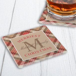 Dessous-de-verre En Verre Tartan à carreaux rouge et beige rustique Monogram