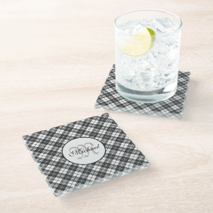 Dessous-de-verre En Verre Tartan motif Noël noir blanc Monogramme