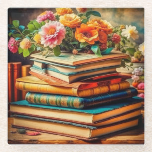 Dessous-de-verre En Verre Tas antique de livres anciens et de fleurs