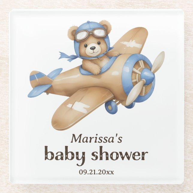 Dessous-de-verre En Verre Teddy Bear Pilote Bébé Garçon Douche (Devant)
