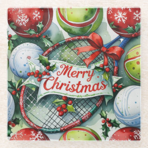 Dessous-de-verre En Verre Tennis sur le thème de Noël avec raquette et chape
