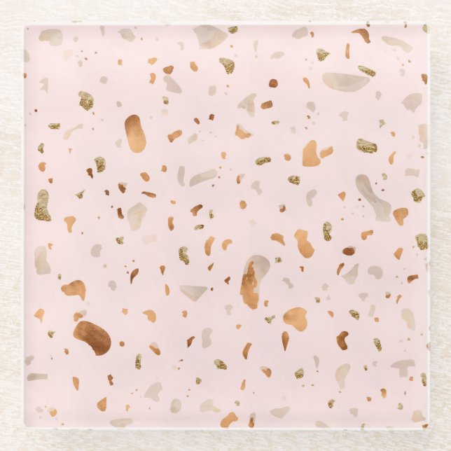 Dessous-de-verre En Verre Terrazzo Rose Blush Avec Spots De Cuivre Or (Devant)