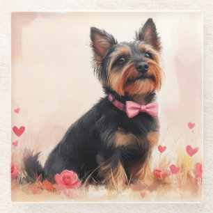 Dessous-de-verre En Verre Terrier australien avec Rose - Saint Valentin
