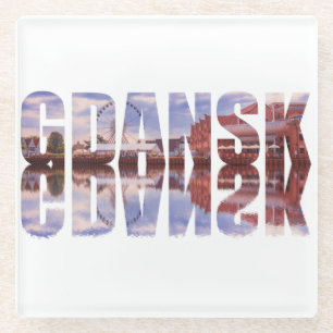 Dessous-de-verre En Verre Texte de Gdansk avec vue sur la vieille ville avec