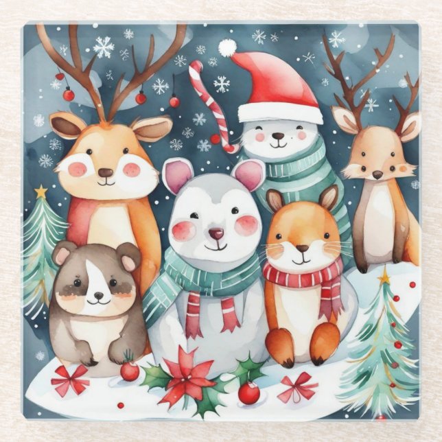 Dessous-de-verre En Verre Thème de Noël Animaux mignons (Devant)