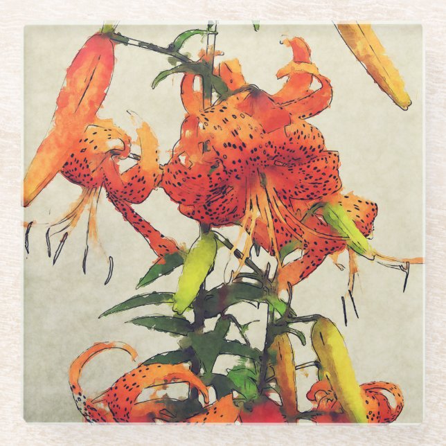 Dessous-de-verre En Verre Tigre d'Aquarelle orange Lily 1 (Devant)