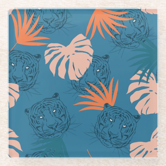 Dessous-de-verre En Verre Tigres tropicaux Feuilles Bleu profond (Devant)