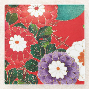 Dessous-de-verre En Verre Tissu Japonais Vintage - Dahlias Rouges