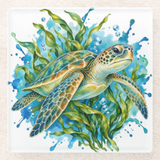 Dessous-de-verre En Verre Tortue de mer à l'aquarelle Sous-verre en verre
