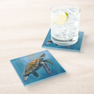 Dessous-de-verre En Verre Tortue de mer animal océan aquarelle