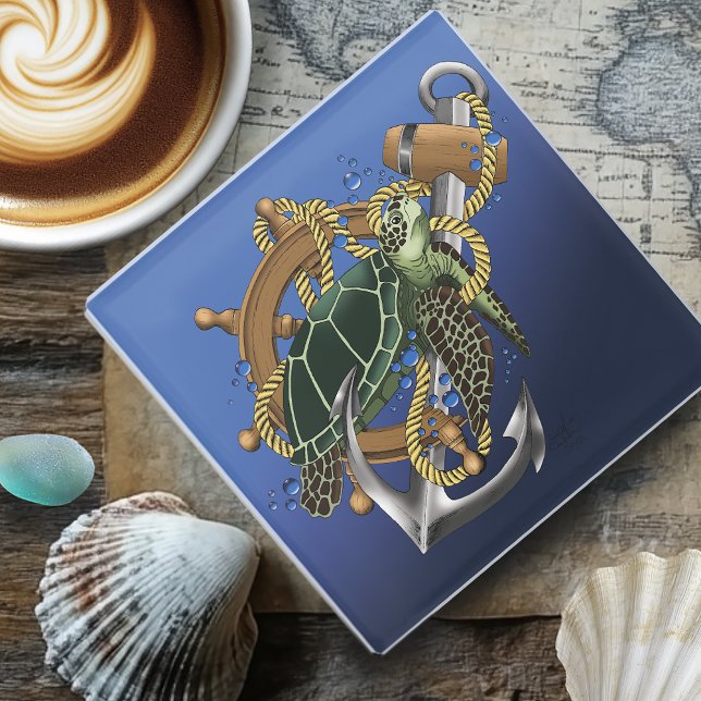 Dessous-de-verre En Verre Tortue de mer bleu vert (Créateur téléchargé)