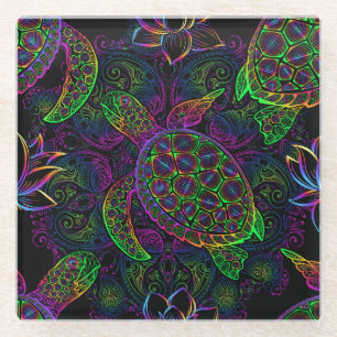Dessous-de-verre En Verre Tortue de mer Boho : Motif psychédélique mandala