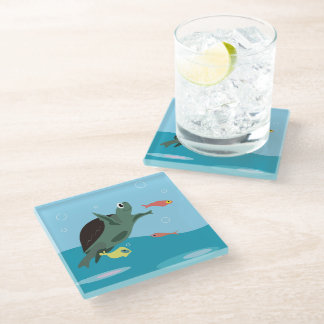 Dessous-de-verre En Verre Tortue de mer mignonne sous l'art marin