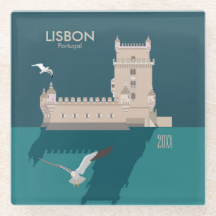 Dessous-de-verre En Verre Tour de Belem de Lisbonne dans le style poster vin