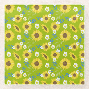 Dessous-de-verre En Verre Tournesol jaune fond vert fleur floral