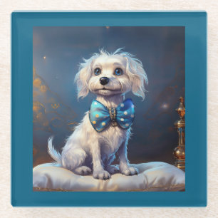 Dessous-de-verre En Verre Très mignon petit chien avec noeud papillon bleu
