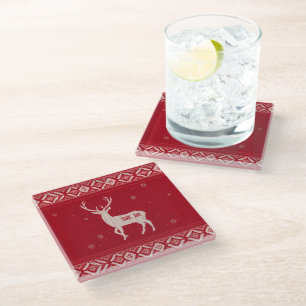 Dessous-de-verre En Verre Tricot norvégien rouge avec cerf, dessous de verre