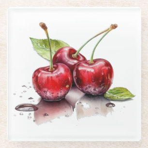 Dessous-de-verre En Verre Trio de cerises fraîches en aquarelle