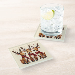 Dessous-de-verre En Verre Trio de rennes de Noël mignon avec des carreaux