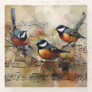 Dessous-de-verre En Verre Trois oiseaux chanteurs sur peinture à l'aquarelle