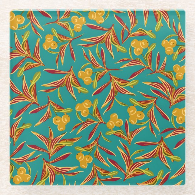 Dessous-de-verre En Verre Tropical Pattern with Red and Yellow Leaves (Devant)