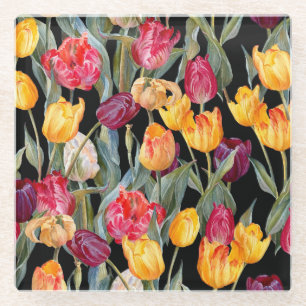 Dessous-de-verre En Verre Tulipes colorées, arrière - plan noir isolé.