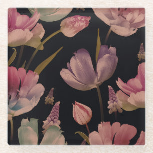 Dessous-de-verre En Verre Tulipes florales, muscari : vintage sans soudure