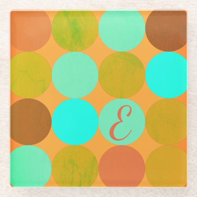Dessous-de-verre En Verre Turquoise Bleu Vert & Cercles Orange Monogramme (Devant)
