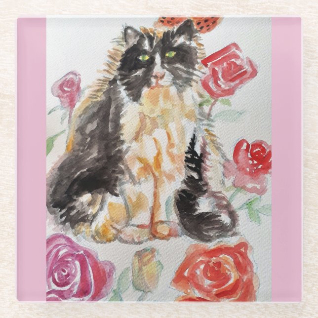 Dessous-de-verre En Verre Tuxedo Chat Cute Rose Fleurs Chats Aquarelle Rose (Devant)