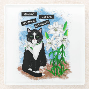 Dessous-de-verre En Verre Tuxedo Chat et Lilies   Devis inspirant