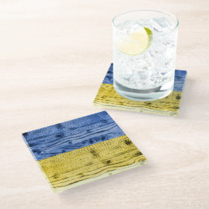 Dessous-de-verre En Verre Ukraine drapeau bleu jaune motif de texture de boi
