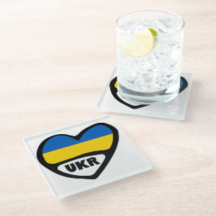 Dessous-de-verre En Verre Ukraine Drapeau En Coeur, Code Pays UKR