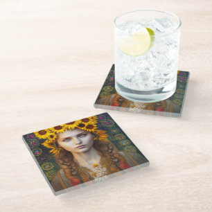 Dessous-de-verre En Verre Ukrainienne fille d'amulettes et de tournesols