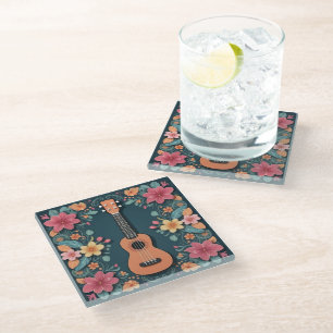 Dessous-de-verre En Verre Ukulele Fleurs Tropicales Instrument de Musique Jo