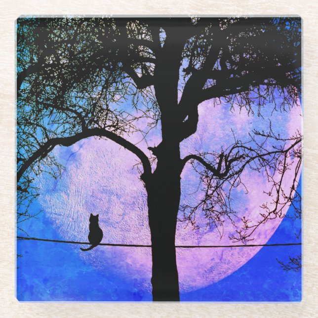 Dessous-de-verre En Verre Un chat noir sur une Pleine lune de fil (Devant)