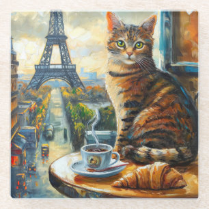 Dessous-de-verre En Verre Un matin à Paris   Chat tigré dans un café